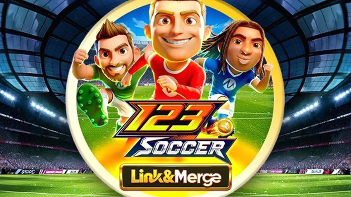 Tampilan antarmuka permainan slot 123 Soccer Link&Merge dengan tema sepak bola yang dinamis