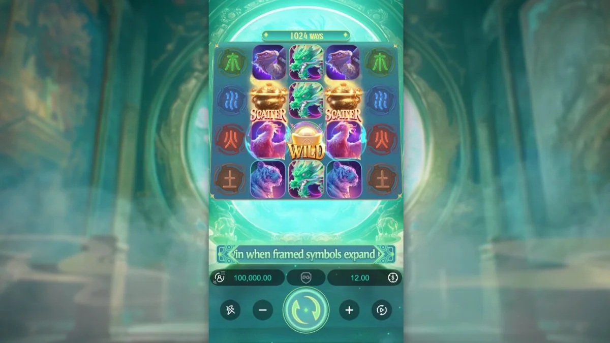 Tampilan visual slot Mythical Guardians dengan simbol naga dan harimau yang megah